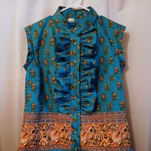 Nwt Tuxedo Ruffle Front Blouse Top M Blue Rust floral Button Up Tank Mandarin - Picture 2 of 10